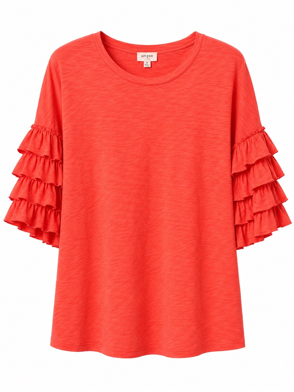 Umgee Coral Tiered Ruffle Sleeve Cotton Knit Top Medium